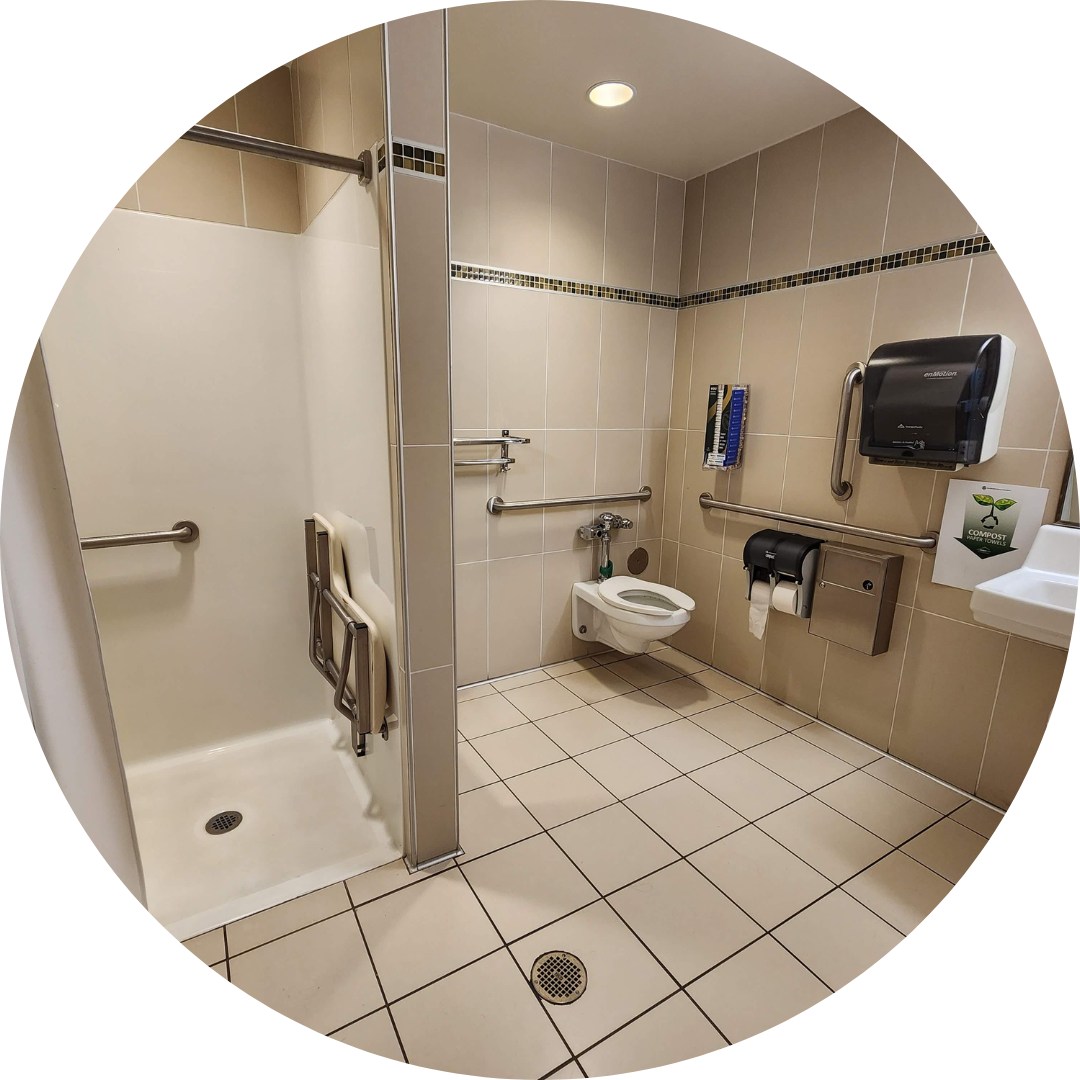 Photo shows a bathroom equipped with a shower, toilet and sink on campus at CSU.